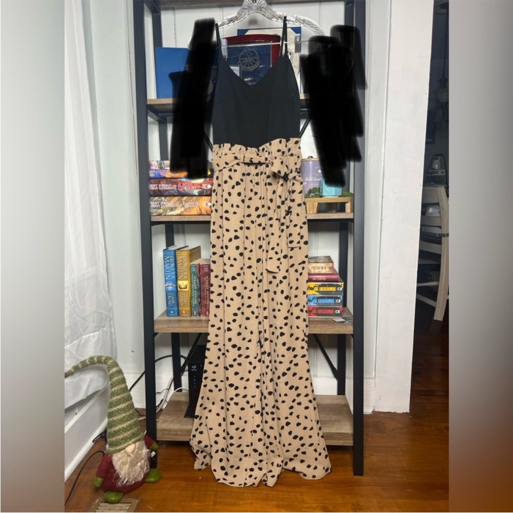 Francesca’s Blue Rain Jumpsuit Womens S Brown Abstract Polka Dot Wide Leg